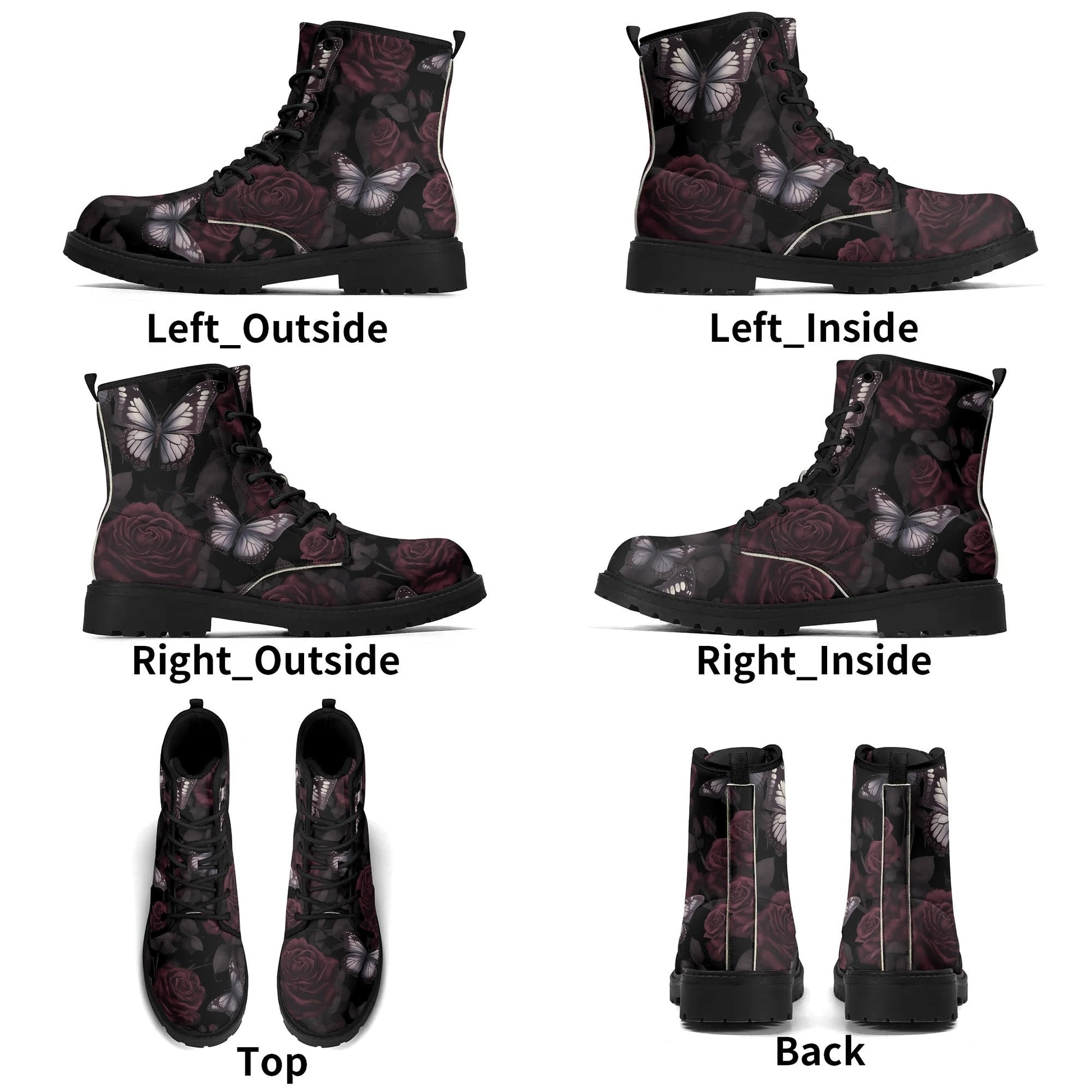 Womens Dark Roses and Butterflies Leather BootsShoesVTZdesignsUS5 (EU35)bootscombatcombat boots