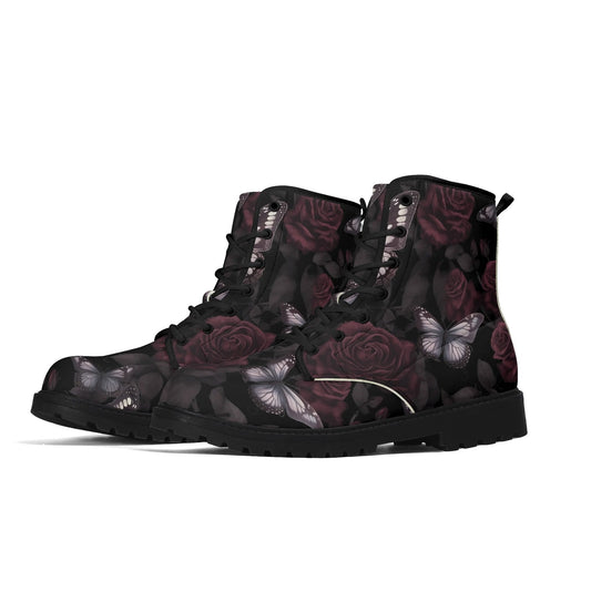 Womens Dark Roses and Butterflies Leather BootsShoesVTZdesignsUS5 (EU35)bootscombatcombat boots