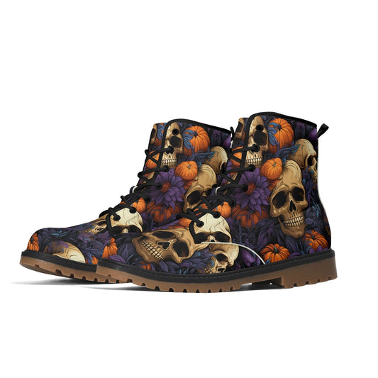 Womens Pumpkins Skulls and Roses Leather BootsShoesVTZdesignsUS5 (EU35)bootscombatcombat boots